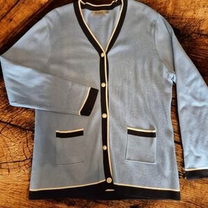Kleio Light Blue Cardigan with Black and White Accents Pearl Buttons